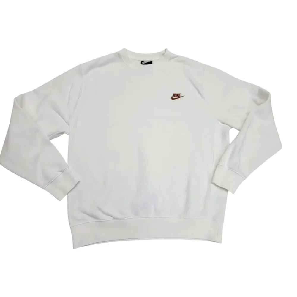 Nike Mens Size Medium White Sweatshirt Crewneck Brown Logo Fleece Pullover